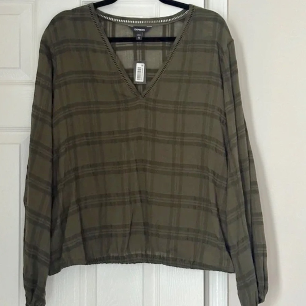 Brand New Express WindowPane Plaid Semi-Sheer Cropped Blouse XL Green Fall